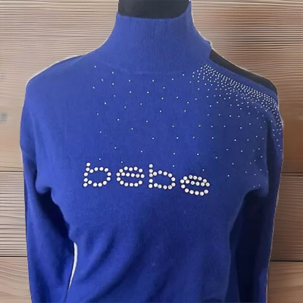 Bebe Royal Blue Rhinestone Mock Neck Cold Shoulder Sweater Dress Large